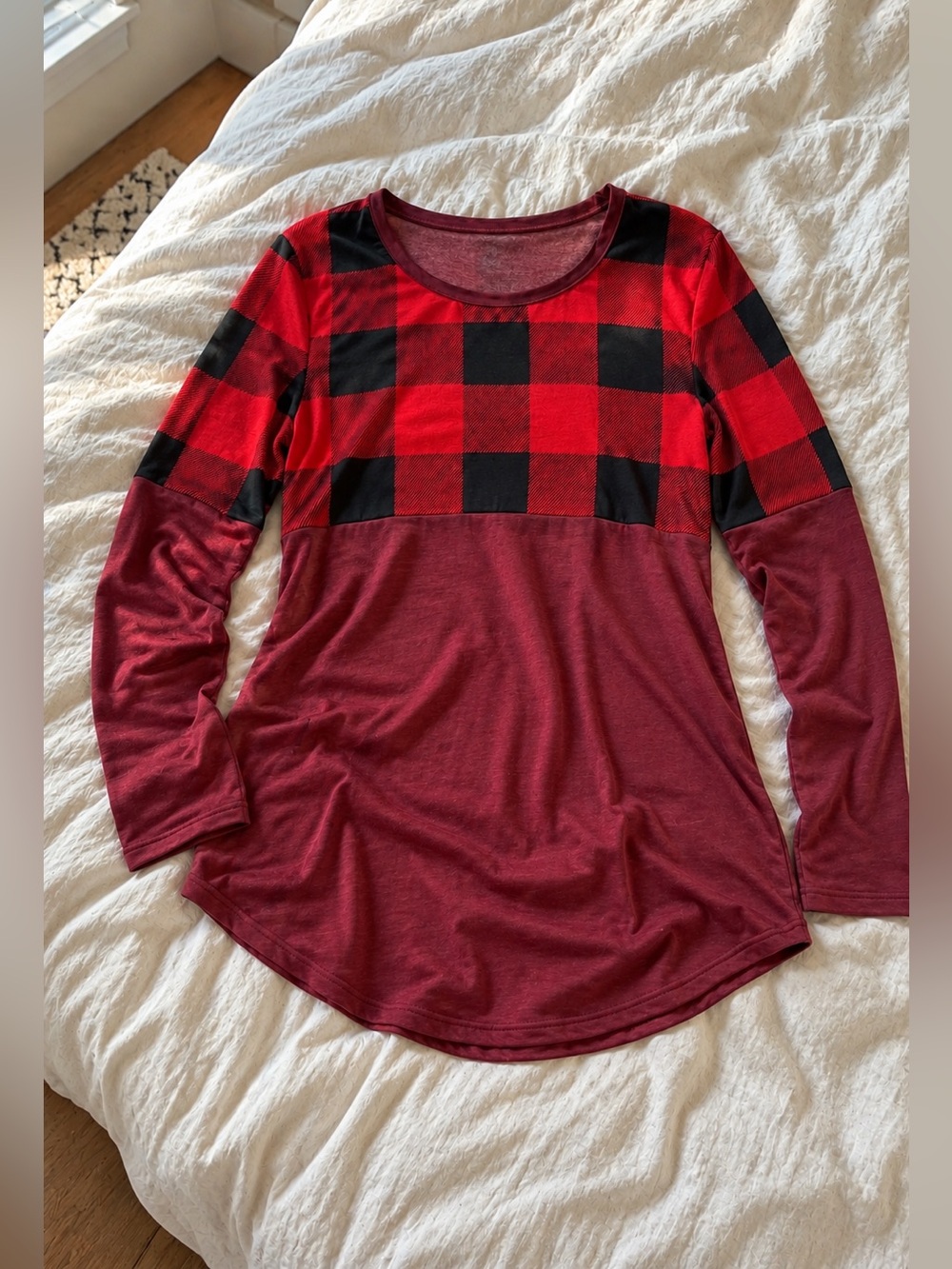 Zenana Women’s Red Buffalo Plaid Long Sleeve Crewneck Top